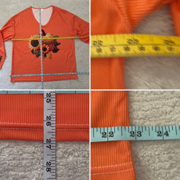 Pumpkin Sunflower Print Long Sleeve V Neck Fall Top Womens Size Large Polyester - Picture 6 of 13